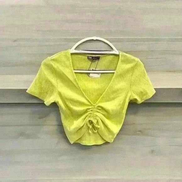ZARA LIME GREEN Scrunch Tie Womens Size M Ribbed Lime Green CROP TOP - Picture 1 of 6
